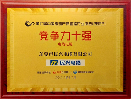 莞企民興電纜榮登2022年中國不動(dòng)產(chǎn)供應(yīng)鏈行業(yè)競爭力十強(qiáng)